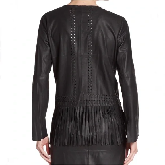 NWT Elizabeth & James Garvin Leather Fringe Woven Open Front Black Jacket Medium